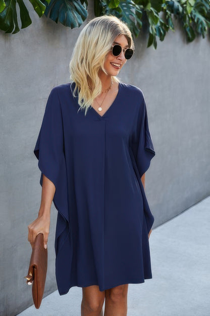Solid Batwing Short Sleeve Sleeve Tunic Dress