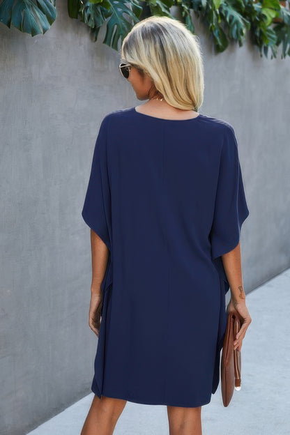 Solid Batwing Short Sleeve Sleeve Tunic Dress