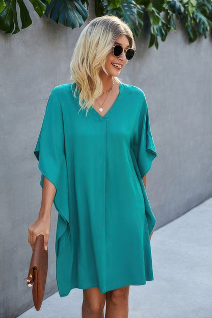 Solid Batwing Short Sleeve Sleeve Tunic Dress
