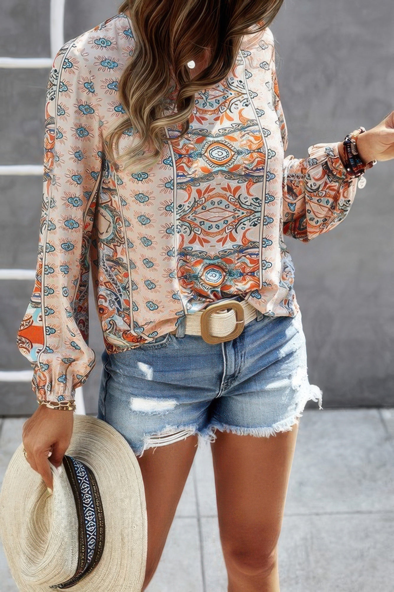 V Neck Graphic Pattern Notched Neck Blouse