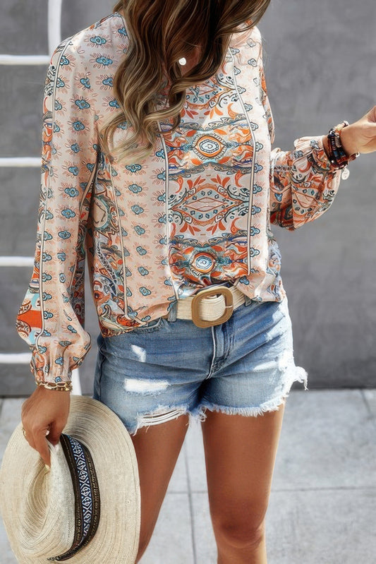 V Neck Graphic Pattern Notched Neck Blouse