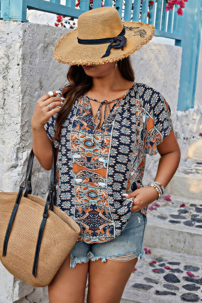 Plus Size Allover Printed Tie Front Short Sleeve Blouse