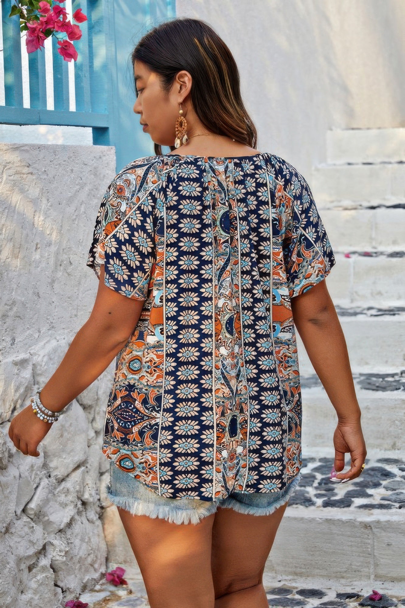 Plus Size Allover Printed Tie Front Short Sleeve Blouse