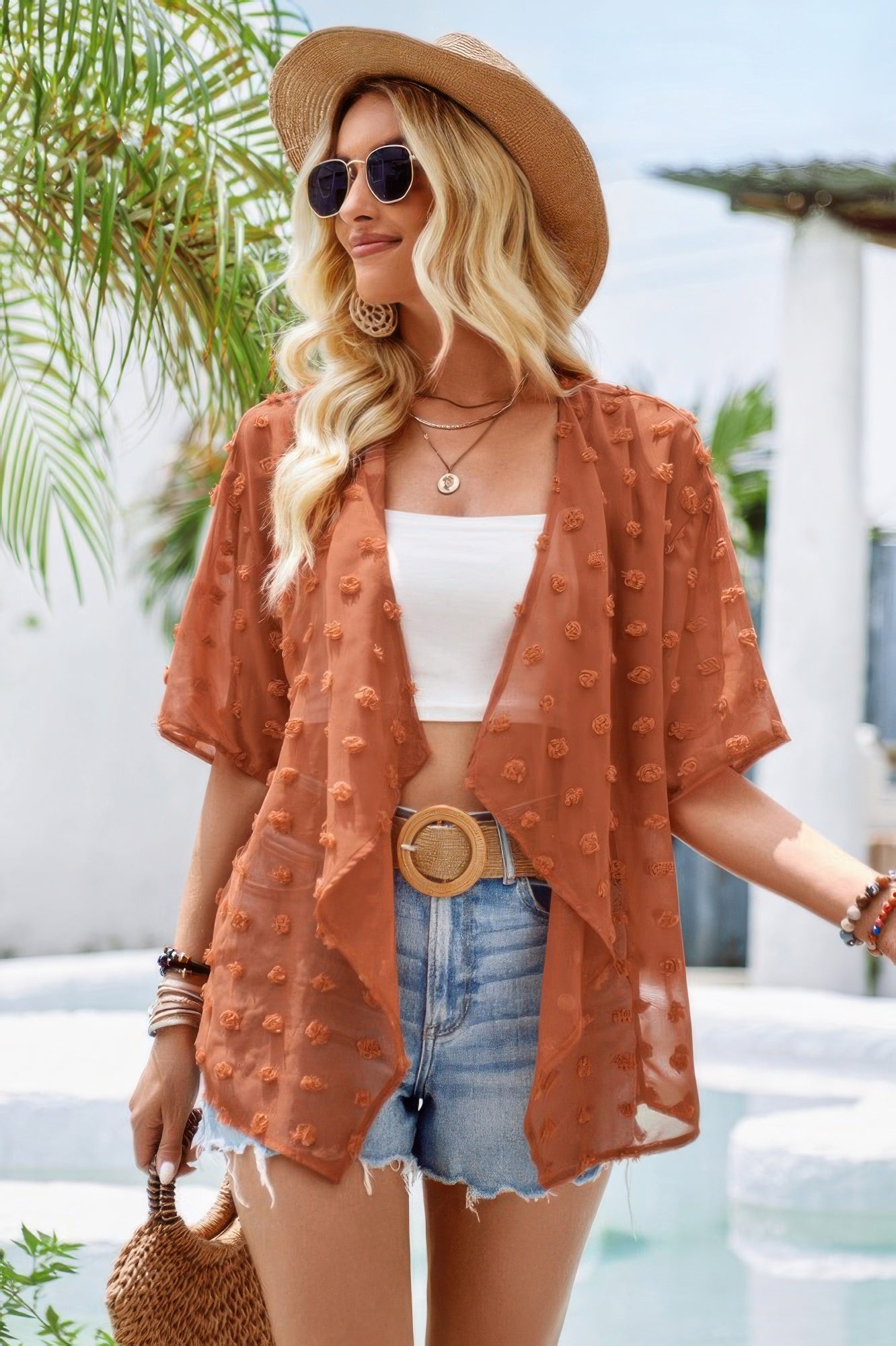 Draped Collar Swiss Dot Cover Up Cardigan Top