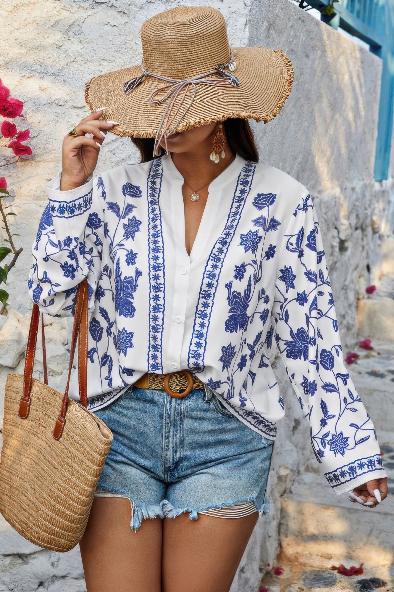 Plus Size V Neck Button Floral Print Loose Blouse