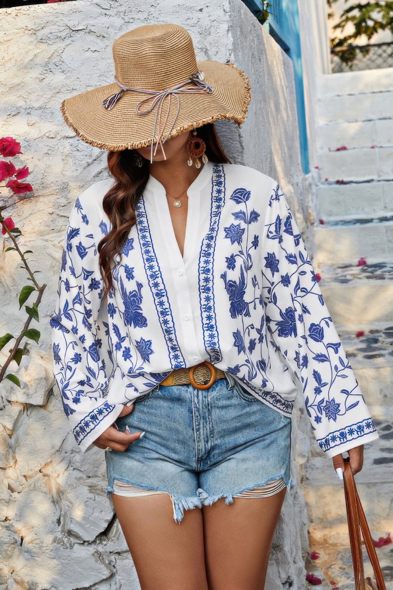 Plus Size V Neck Button Floral Print Loose Blouse