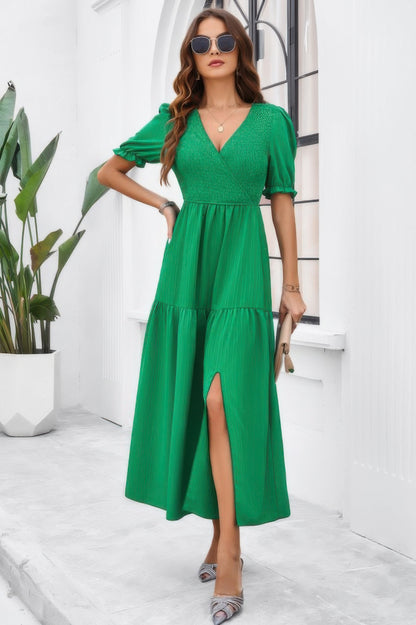 Solid V Neck Ruched High Waist Puff Sleeve Dress