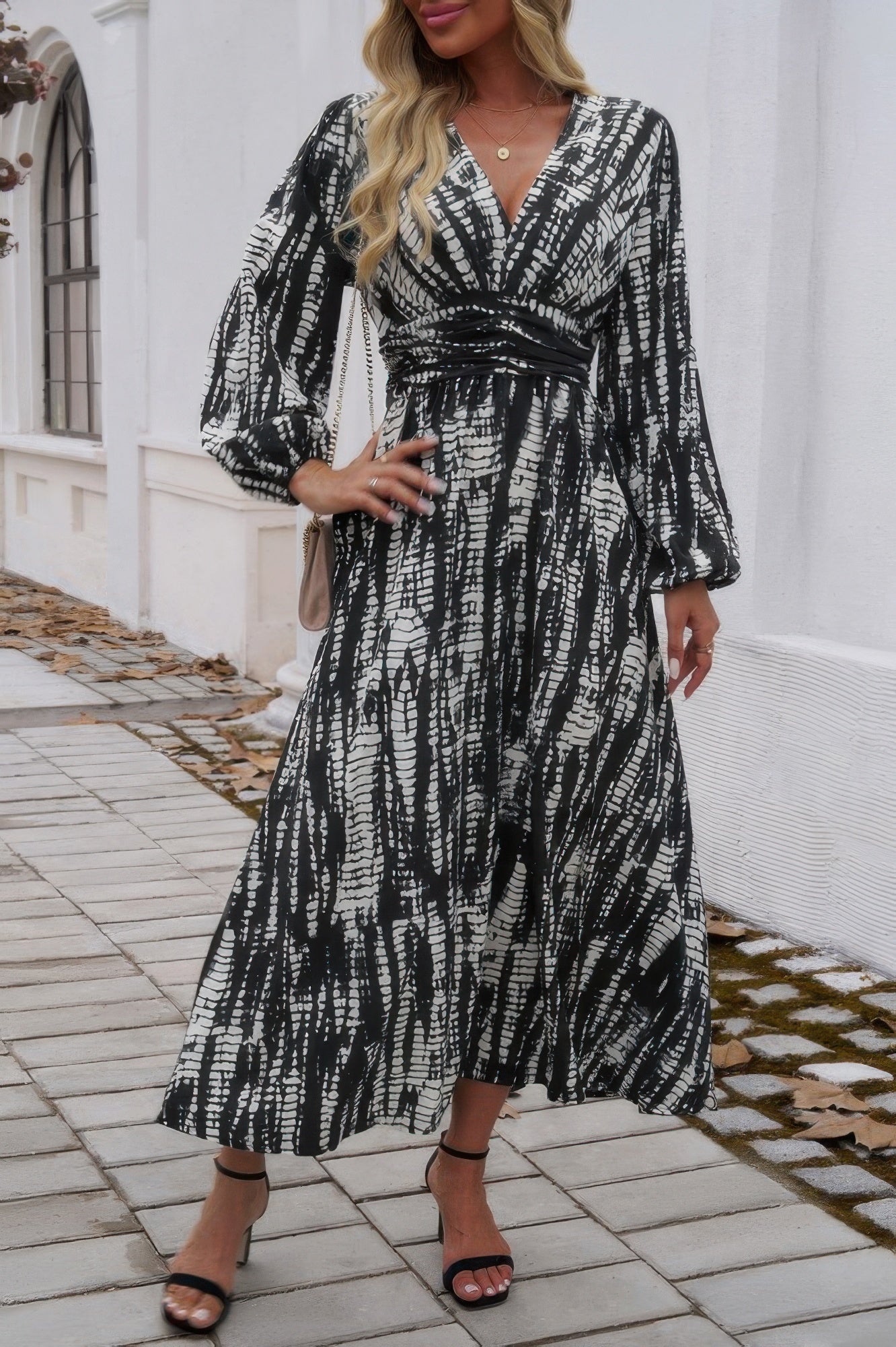 Print V Neck Tie Waist Fit Long Dress