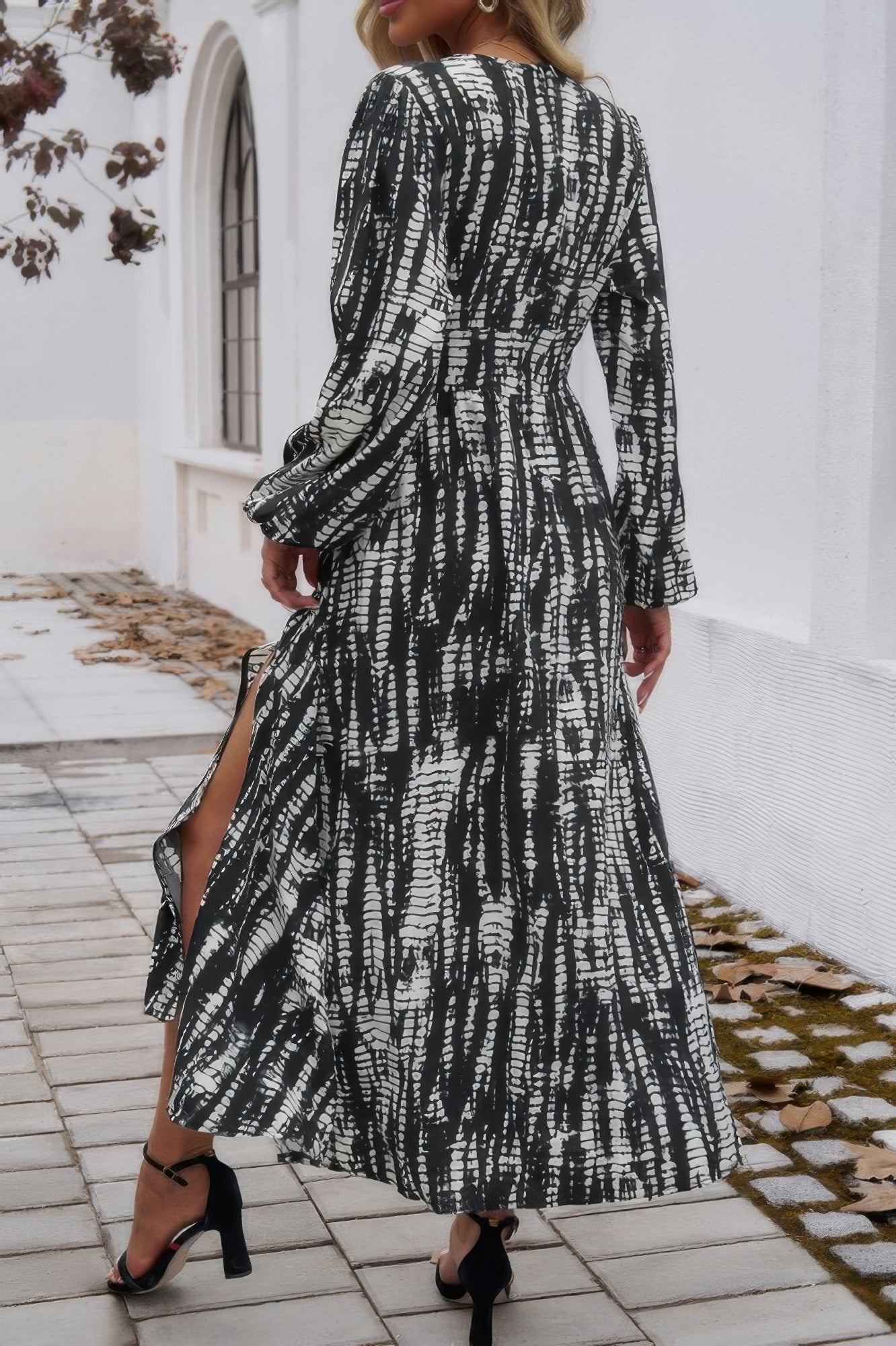 Print V Neck Tie Waist Fit Long Dress