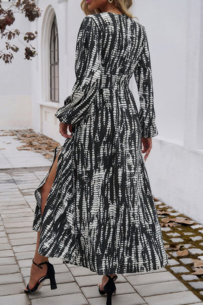 Print V Neck Tie Waist Fit Long Dress