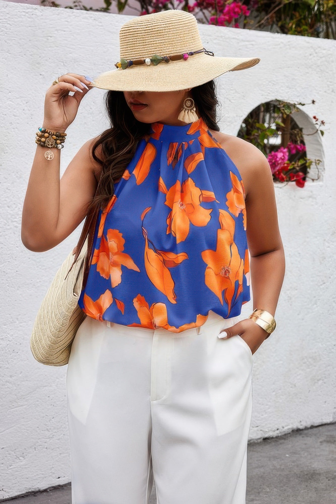 Plus Gingko Leaf Print Short Sleeve Halter Shirt