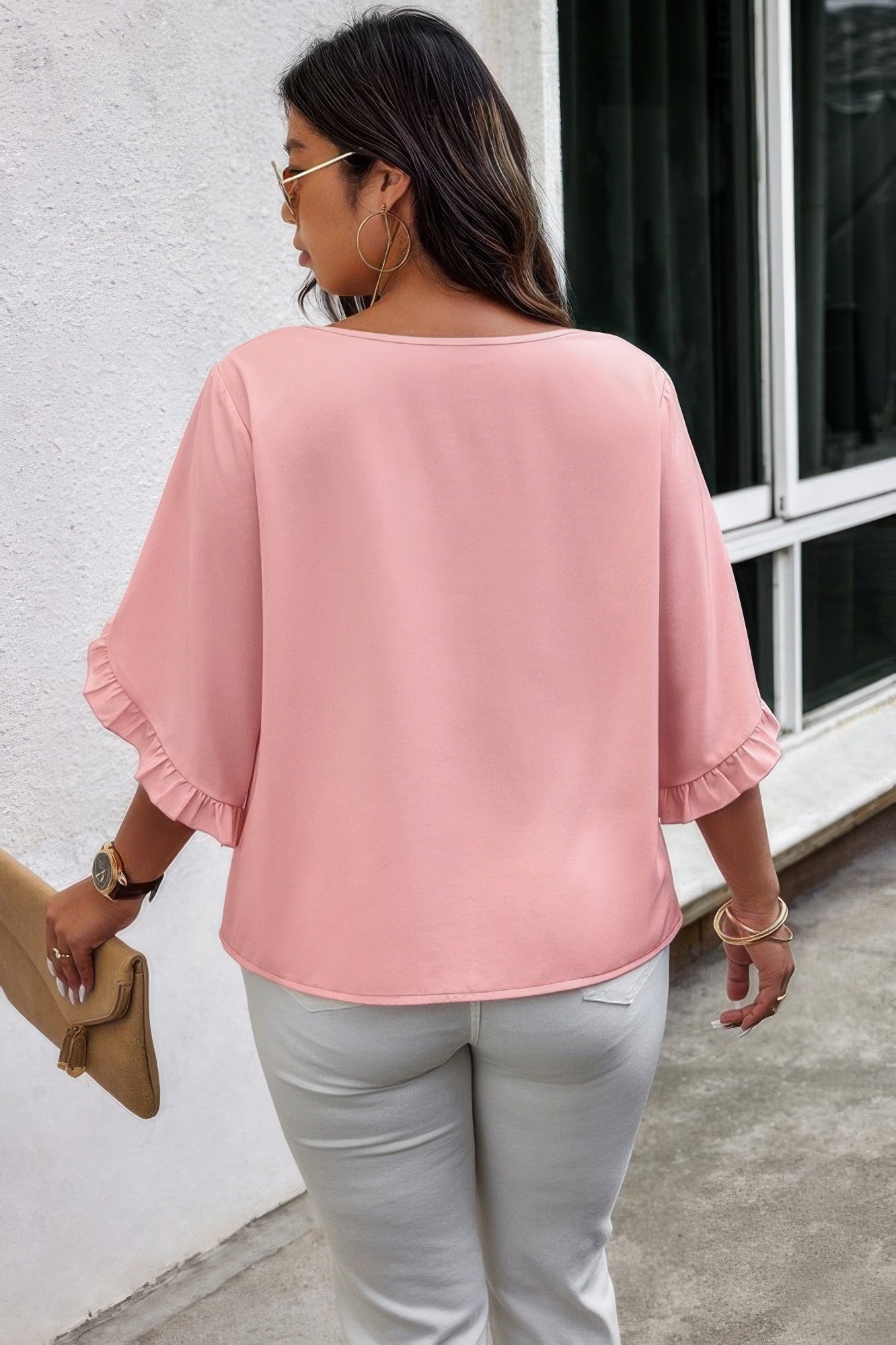 Solid Plus V Neck Ruffle Trim Petal Sleeve Blouse