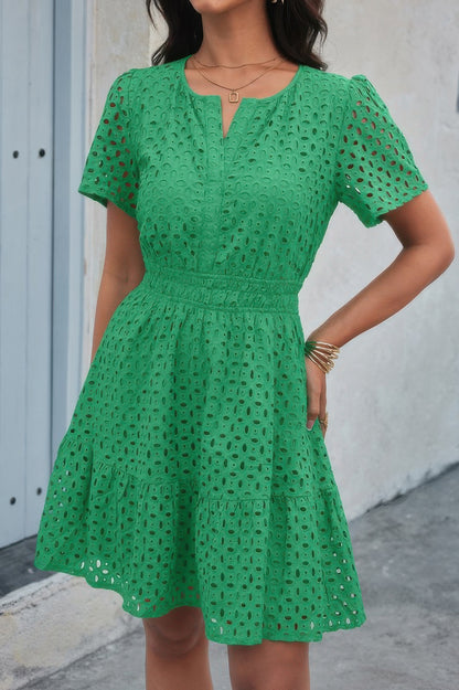 V Neck Lace Solid Lace Ruffle Hollow A Line Dress