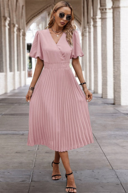 Solid Elastic Waist Band Pleated V Neck Dress