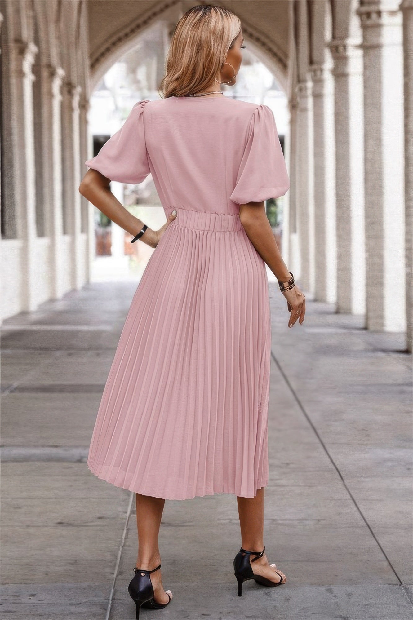 Solid Elastic Waist Band Pleated V Neck Dress