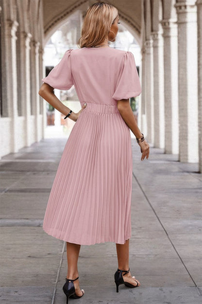 Solid Elastic Waist Band Pleated V Neck Dress
