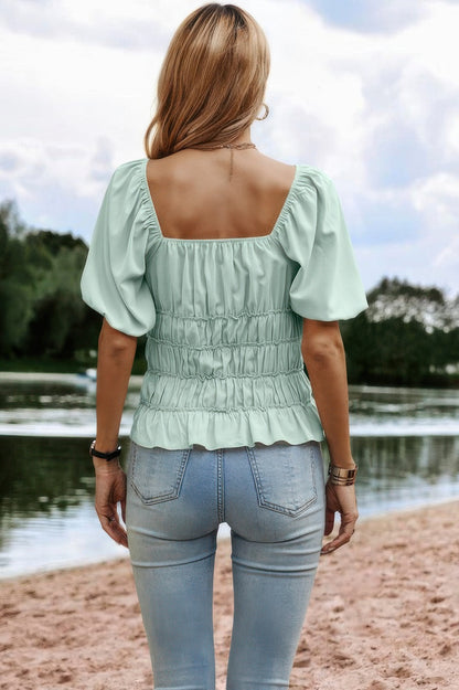 Solid Square Neck Shirred Flounce Sleeve Peplum Blouse