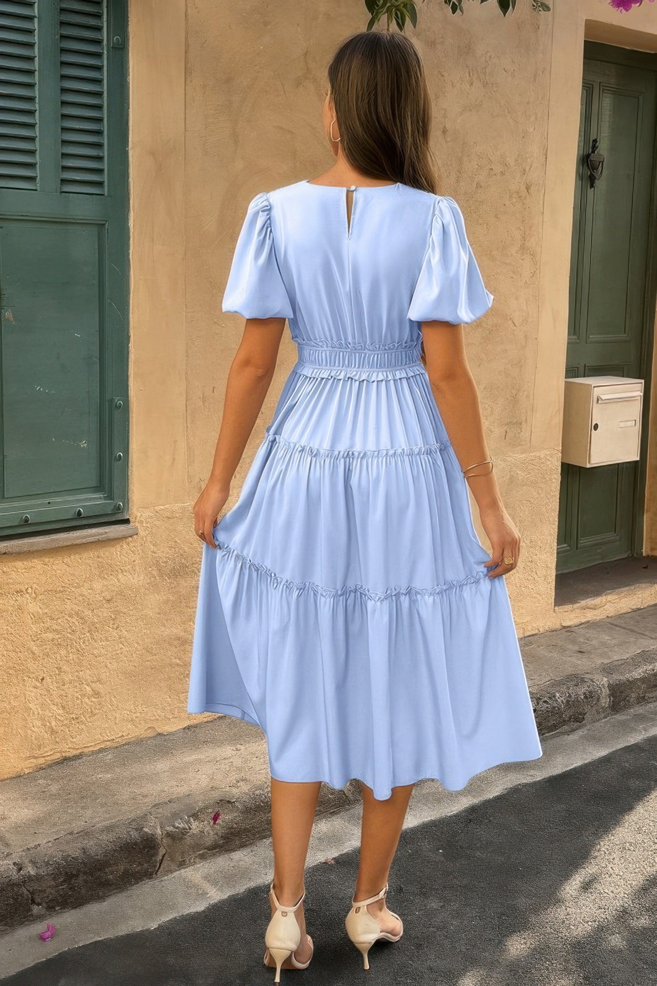 Solid Color Block Puff Sleeve Elastic Waist Dress