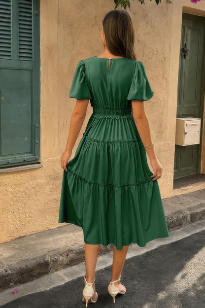 Solid Color Block Puff Sleeve Elastic Waist Dress