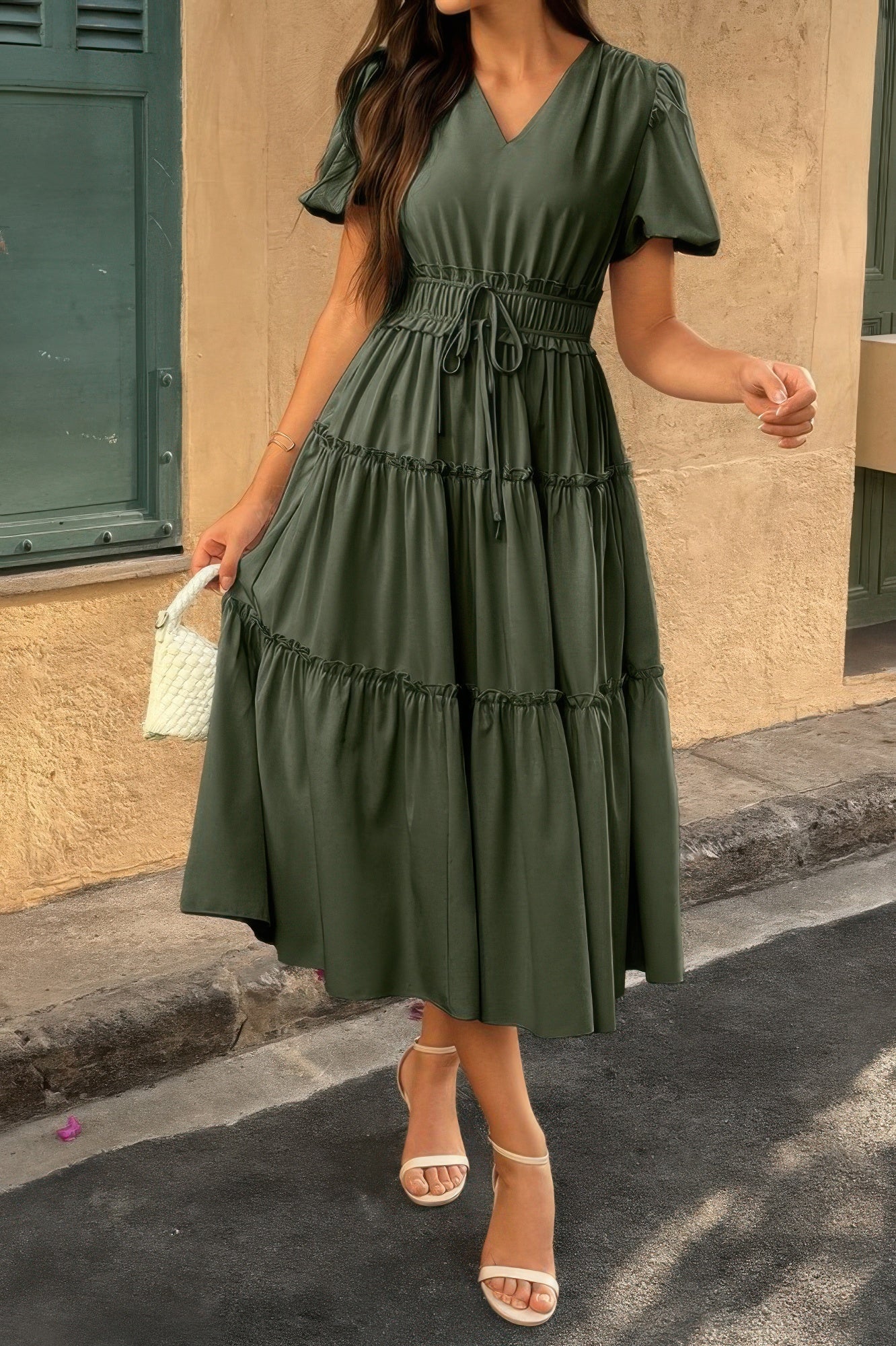 Solid Color Block Puff Sleeve Elastic Waist Dress