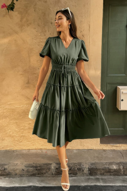 Solid Color Block Puff Sleeve Elastic Waist Dress