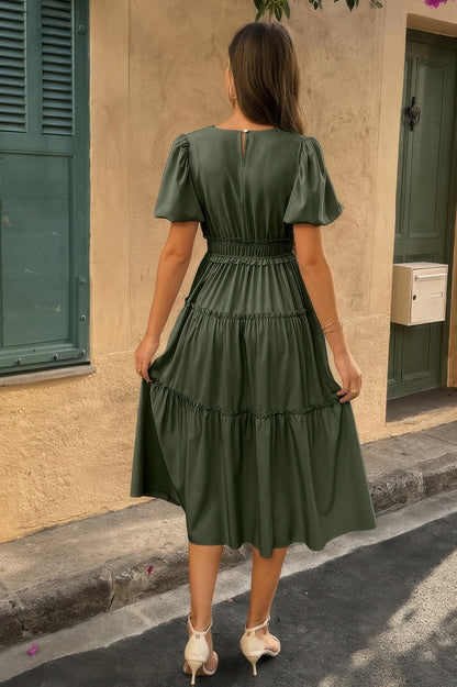 Solid Color Block Puff Sleeve Elastic Waist Dress