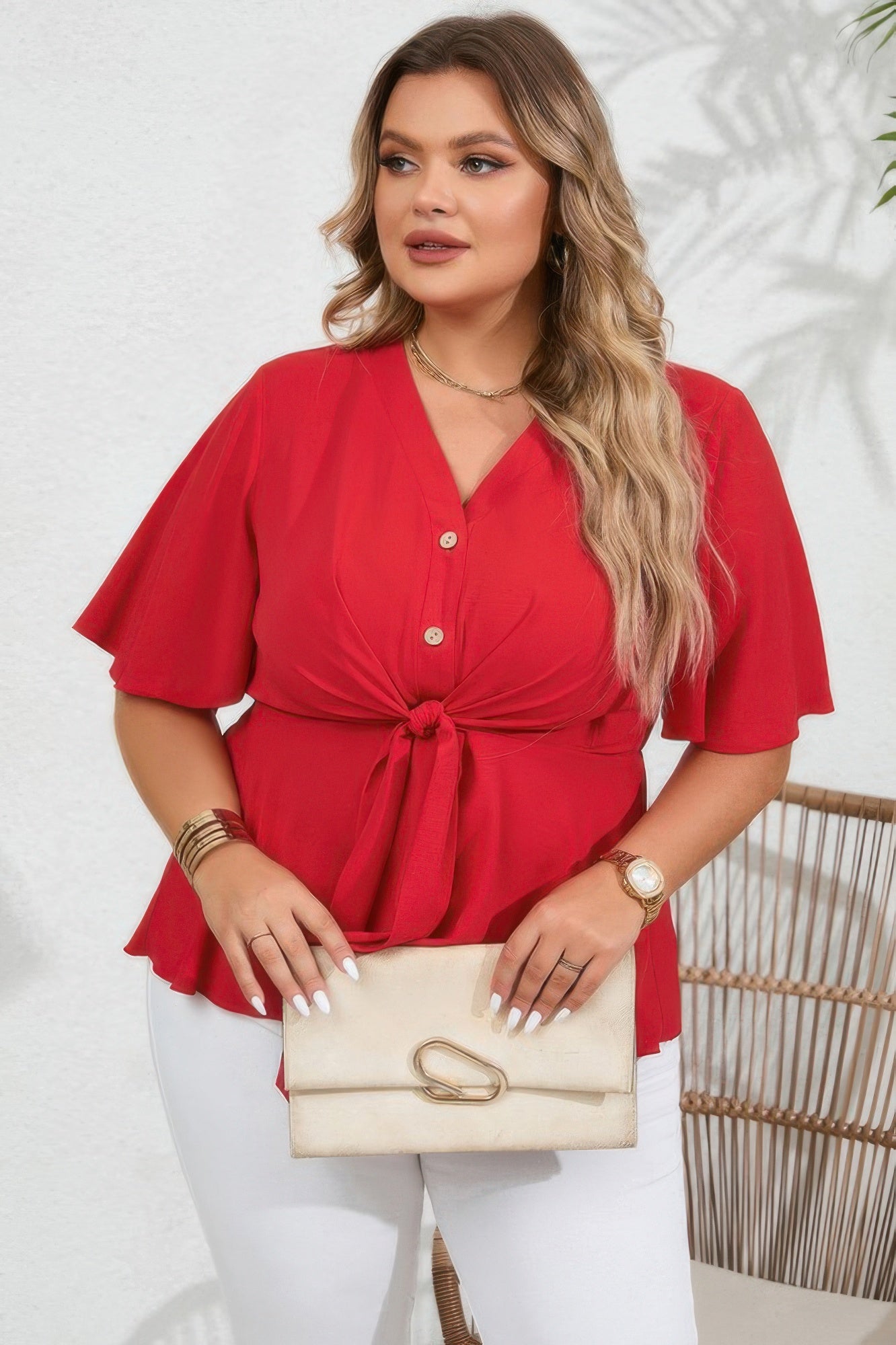 Plus Tie Front Half Button V Neck Solid Blouse