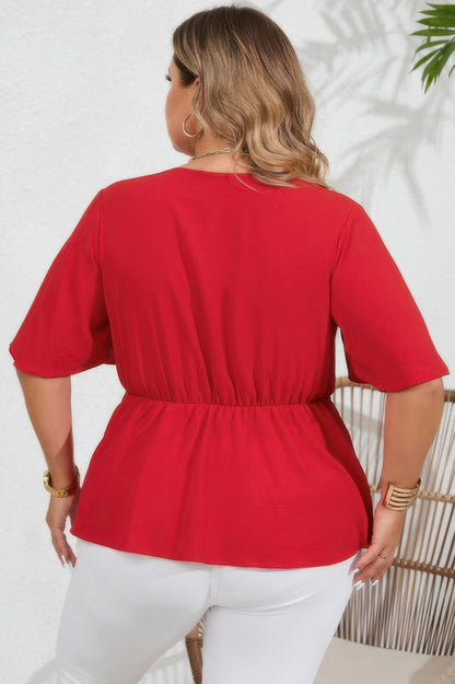 Plus Tie Front Half Button V Neck Solid Blouse