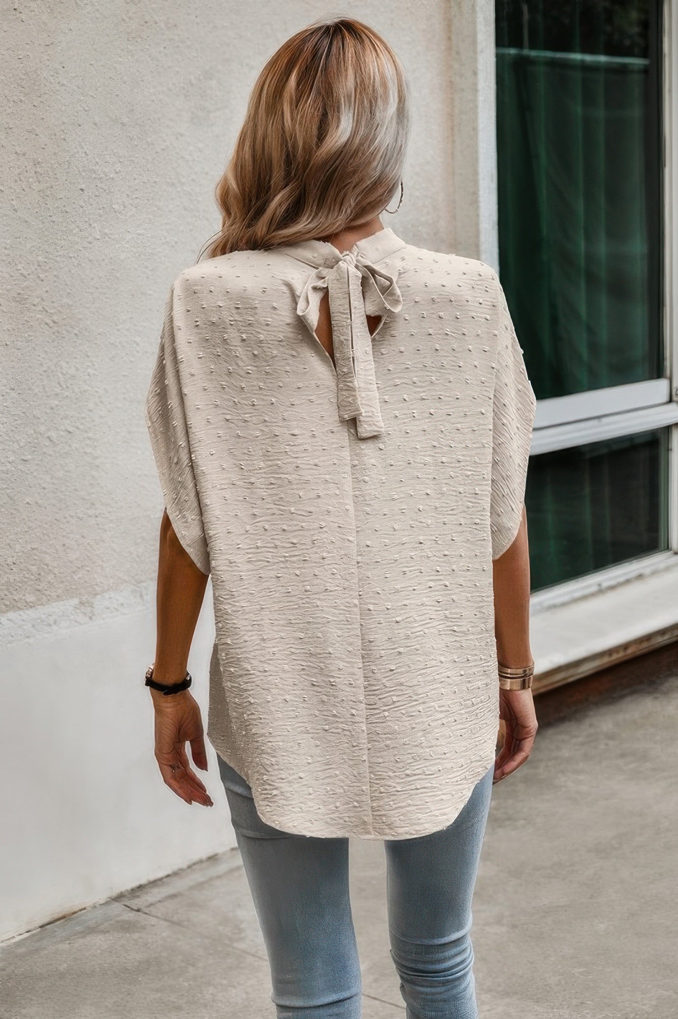 Solid Swiss Dot Mock Neck Drop Shoulder Blouse