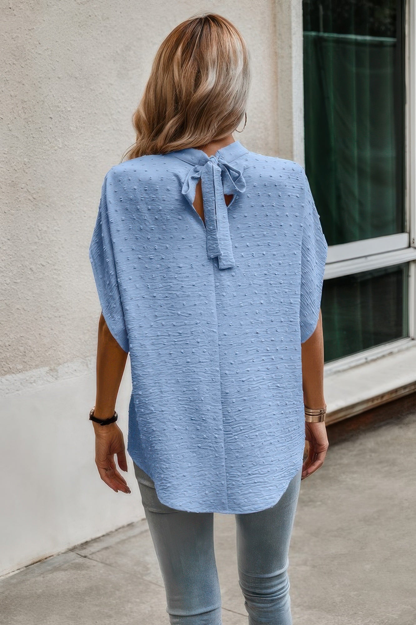 Solid Swiss Dot Mock Neck Drop Shoulder Blouse