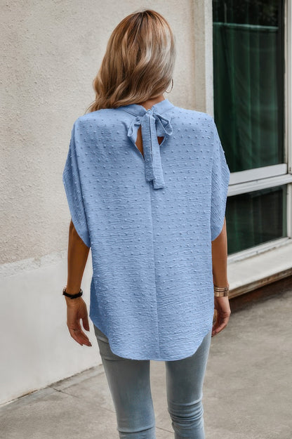 Solid Swiss Dot Mock Neck Drop Shoulder Blouse