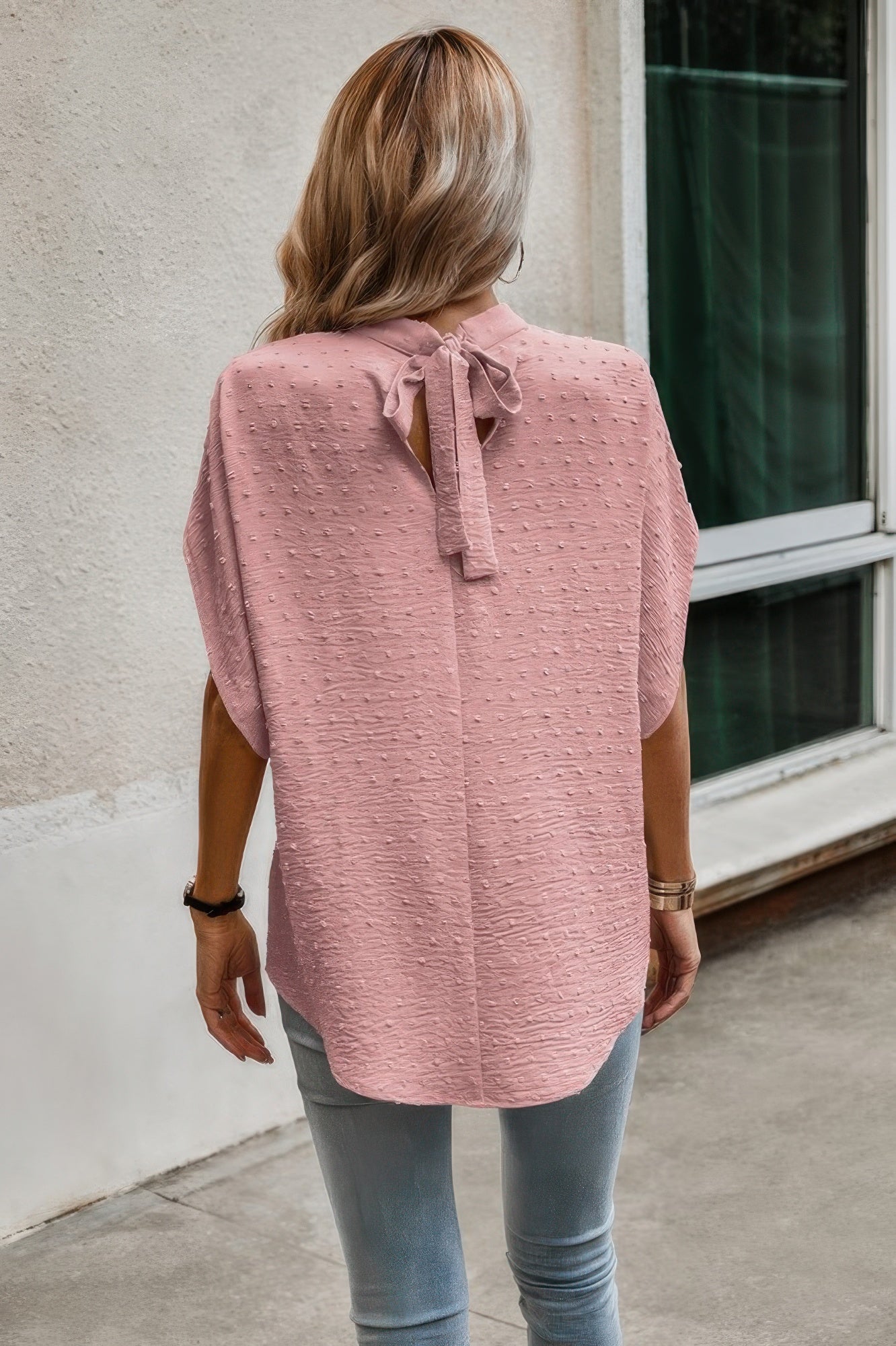 Solid Swiss Dot Mock Neck Drop Shoulder Blouse