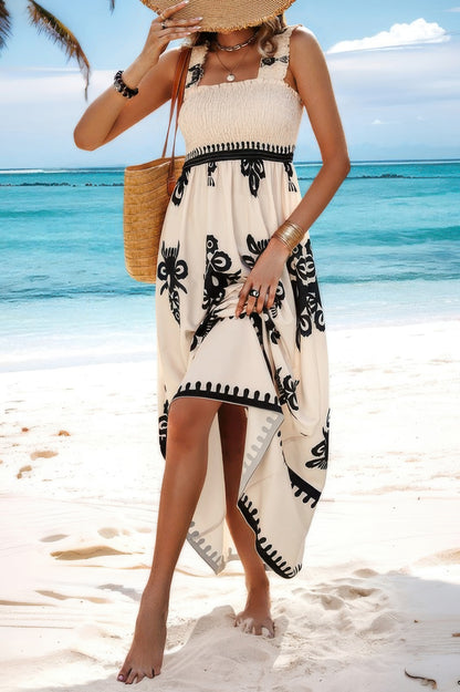 Sleeveless Square Neck A Line Smocked Shirred Dress