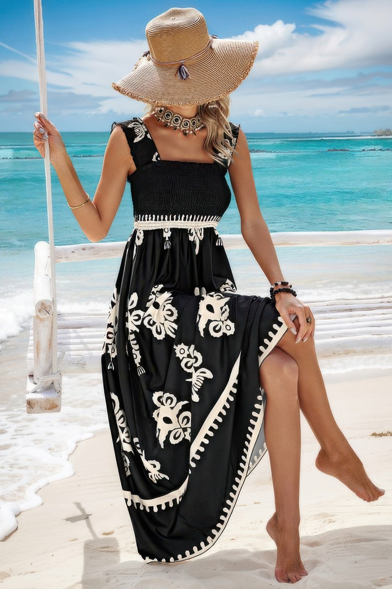 Sleeveless Square Neck A Line Smocked Shirred Dress