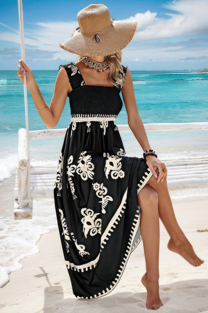 Sleeveless Square Neck A Line Smocked Shirred Dress