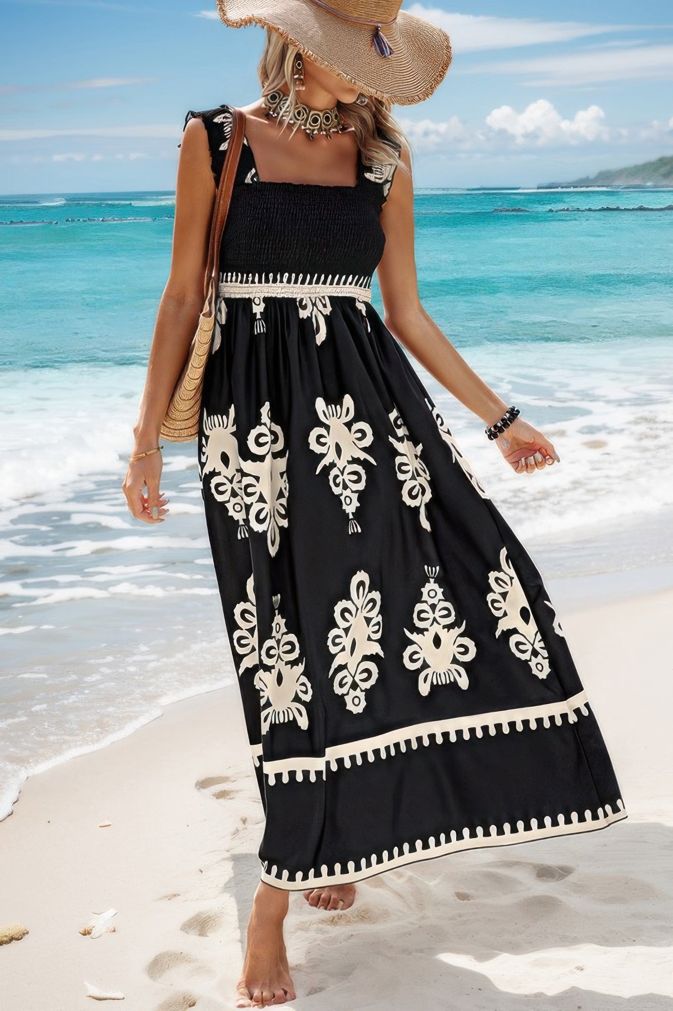 Sleeveless Square Neck A Line Smocked Shirred Dress