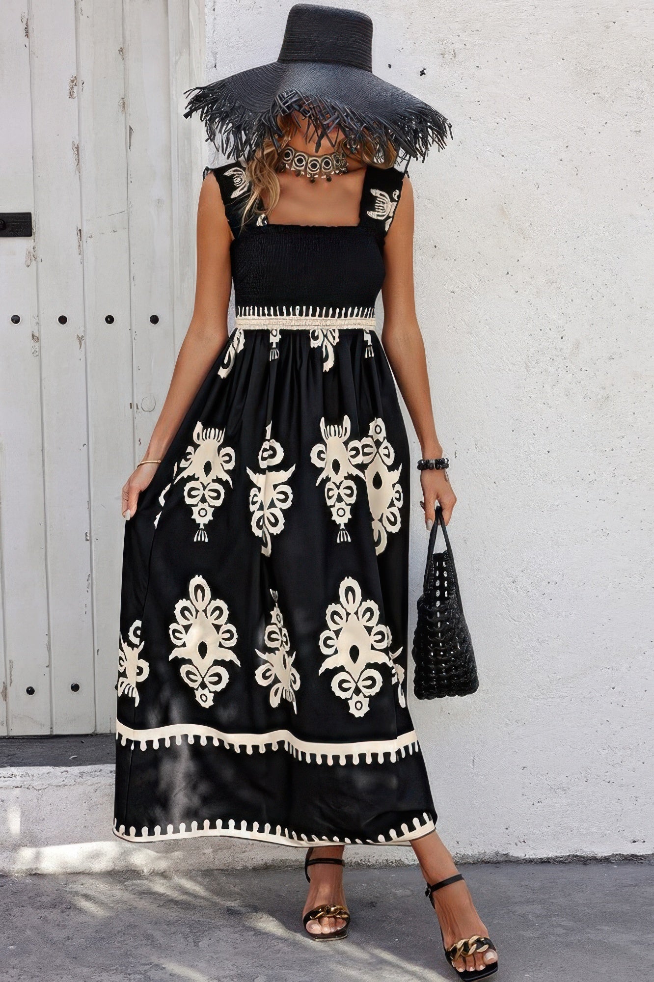 Sleeveless Square Neck A Line Smocked Shirred Dress
