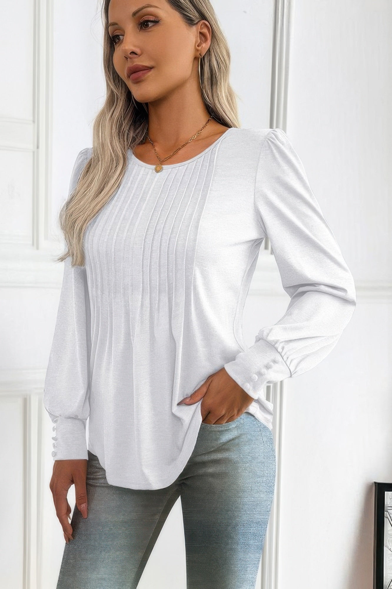 Crew Neck Pleated Long Puff Lantern Sleeve Knit Shirt