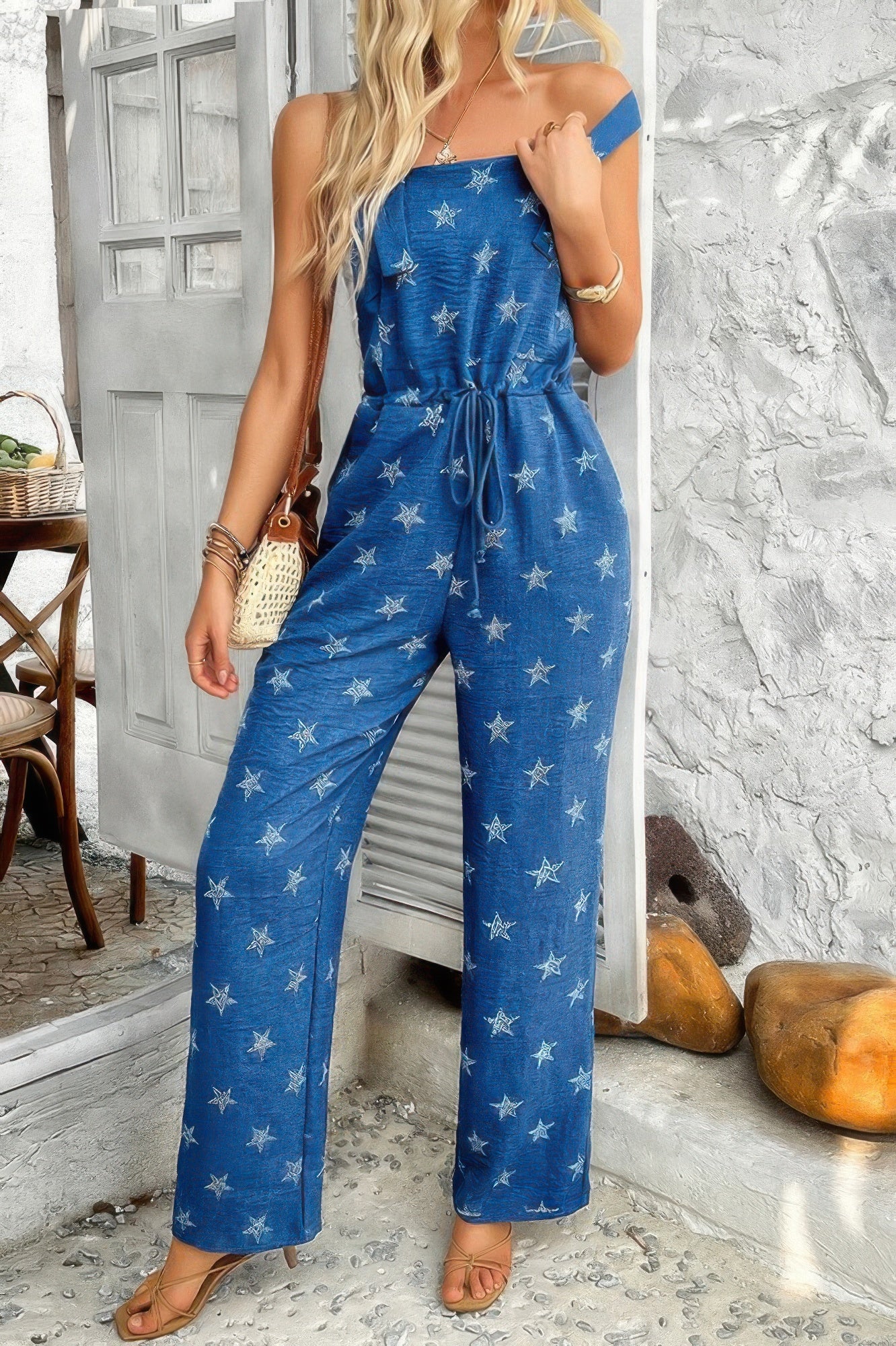 Star Print Button Tie Pockets Drawstring Jumpsuit