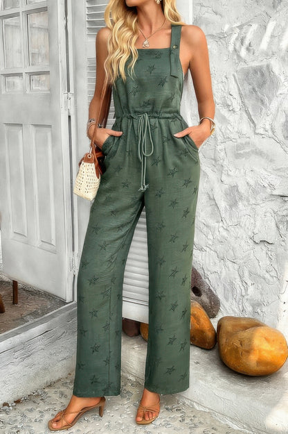 Star Print Button Tie Pockets Drawstring Jumpsuit