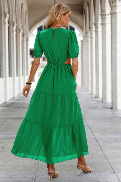 Cut Out Waist Ruffle Hem Puff Sleeves Fit Dress