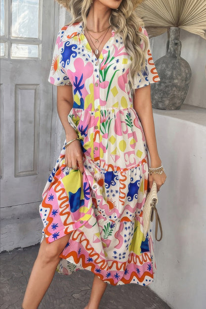 Allover Printed Button Down Ruched Long Dress
