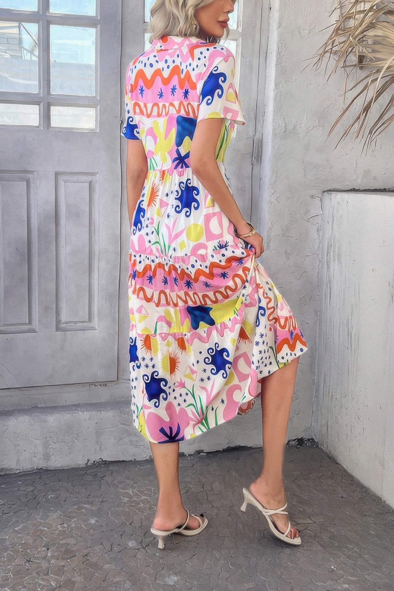 Allover Printed Button Down Ruched Long Dress