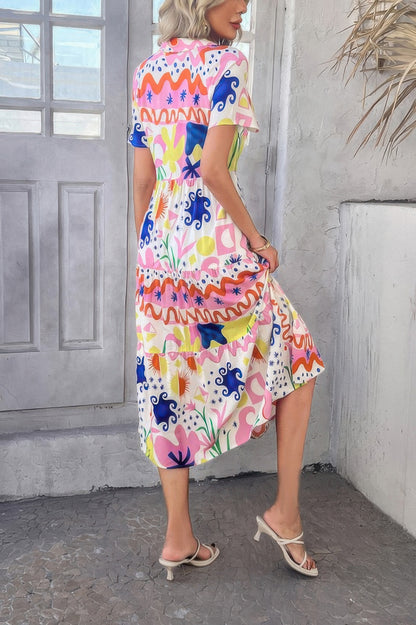 Allover Printed Button Down Ruched Long Dress