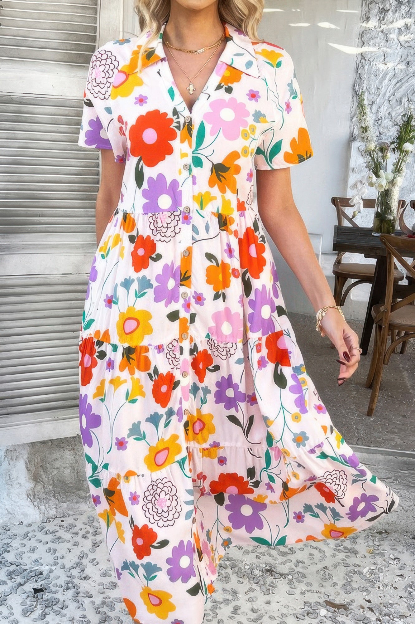 Allover Printed Button Down Ruched Long Dress