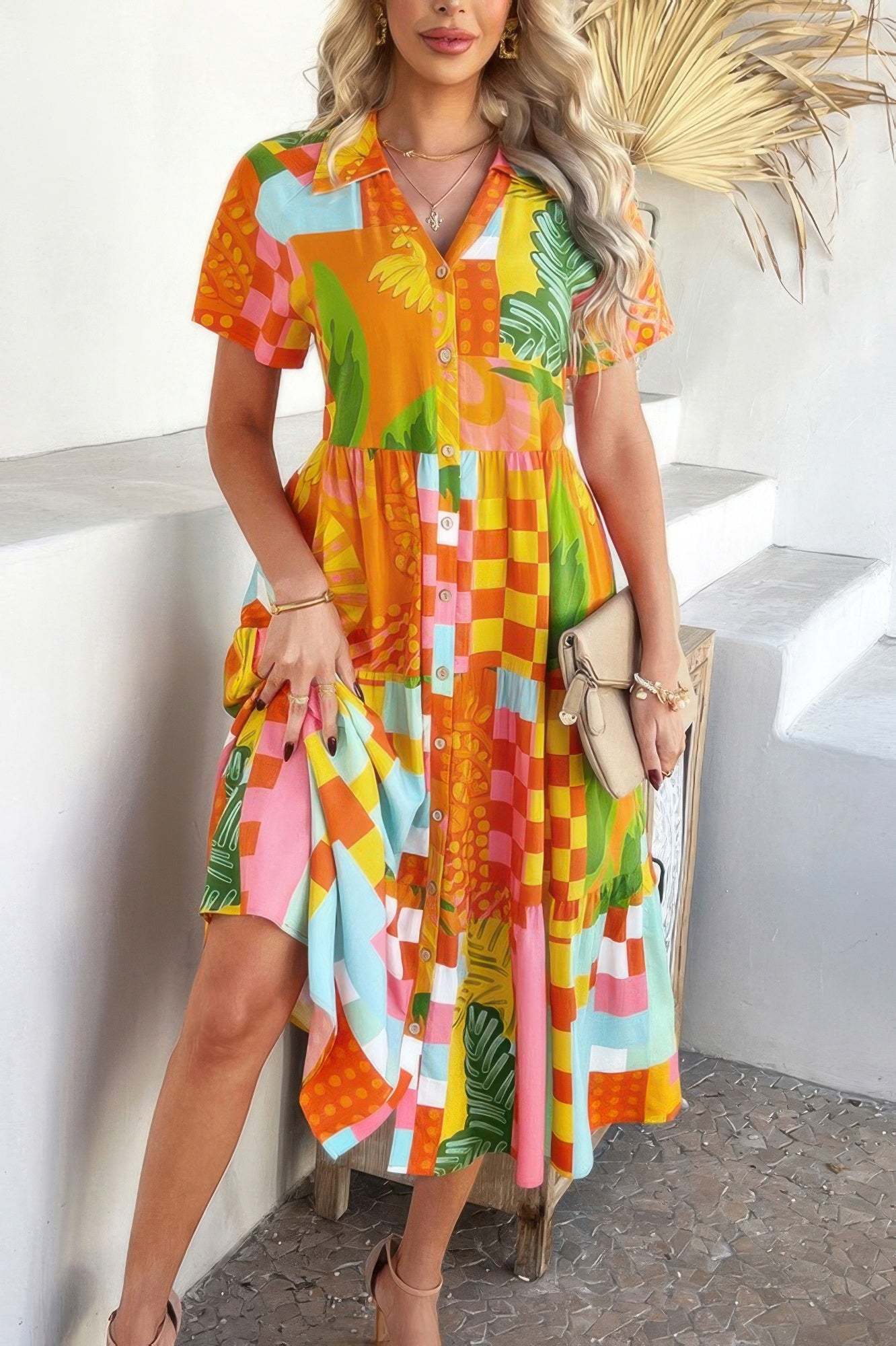 Allover Printed Button Down Ruched Long Dress