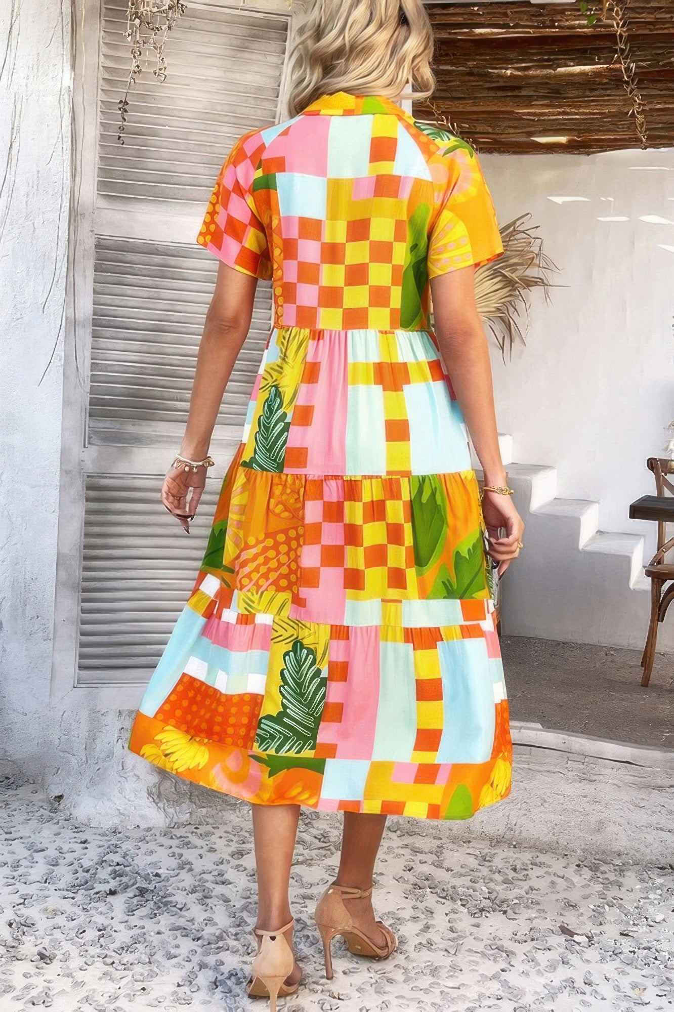 Allover Printed Button Down Ruched Long Dress
