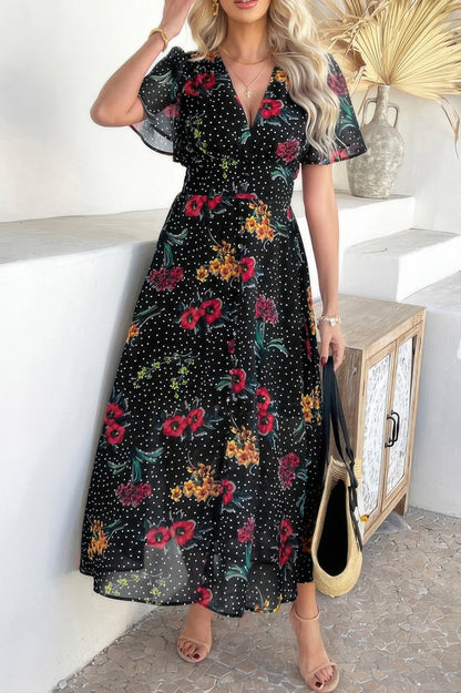 Floral V Neck Short Sleeve Tied Wrap Dress