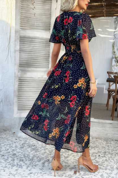 Floral V Neck Short Sleeve Tied Wrap Dress