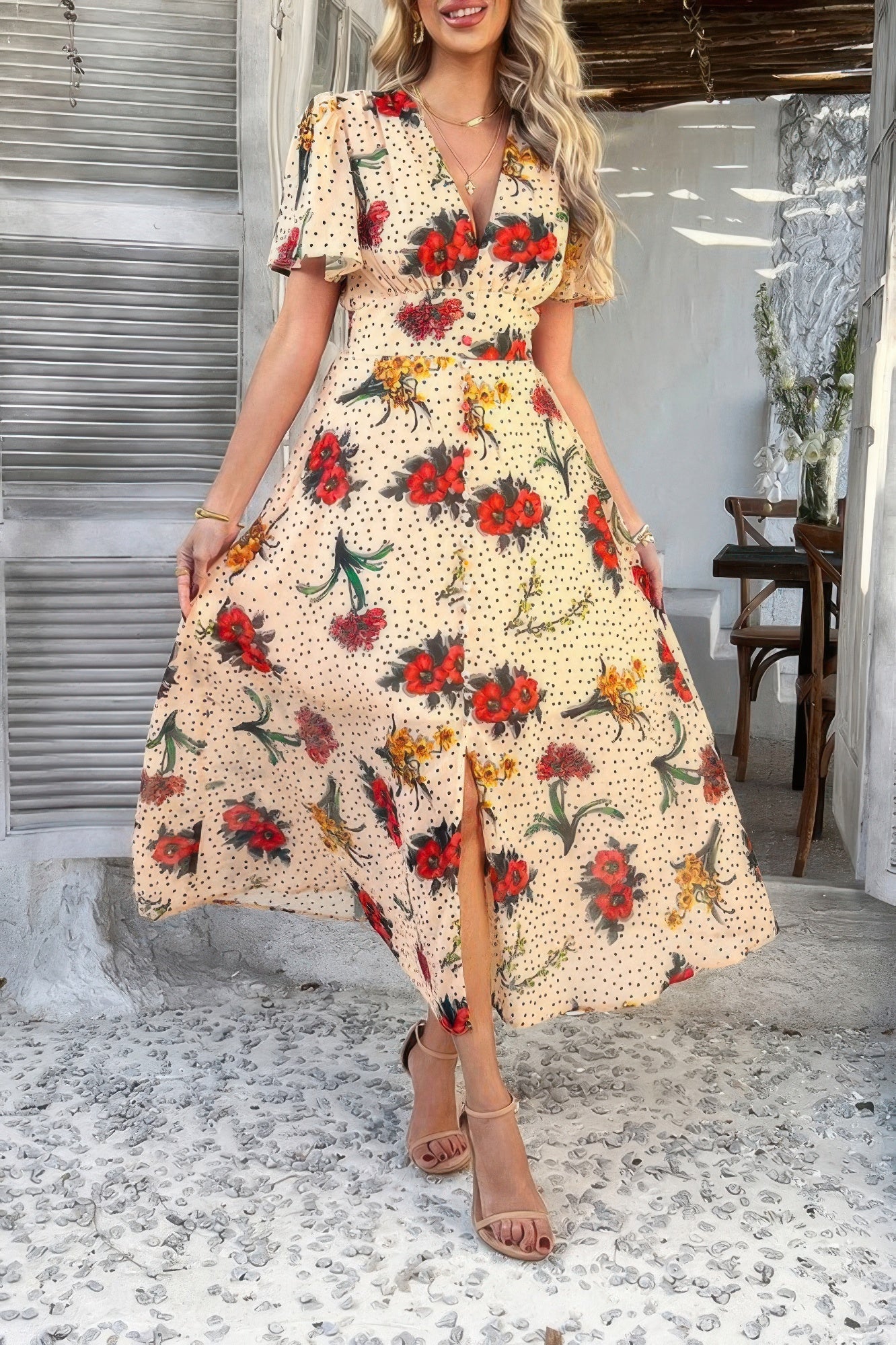 Floral V Neck Short Sleeve Tied Wrap Dress